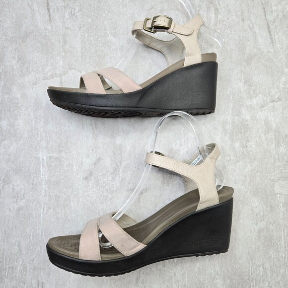 Crocs Ankle Strap Wedge Sandals 9 Taupe Open Toe Strappy Retro Comfort Platform - Picture 6 of 12